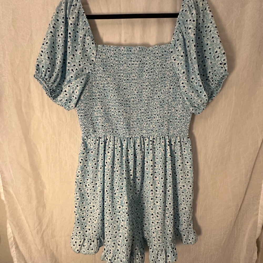 Blue Floral Smocked Off Shoulder Romper